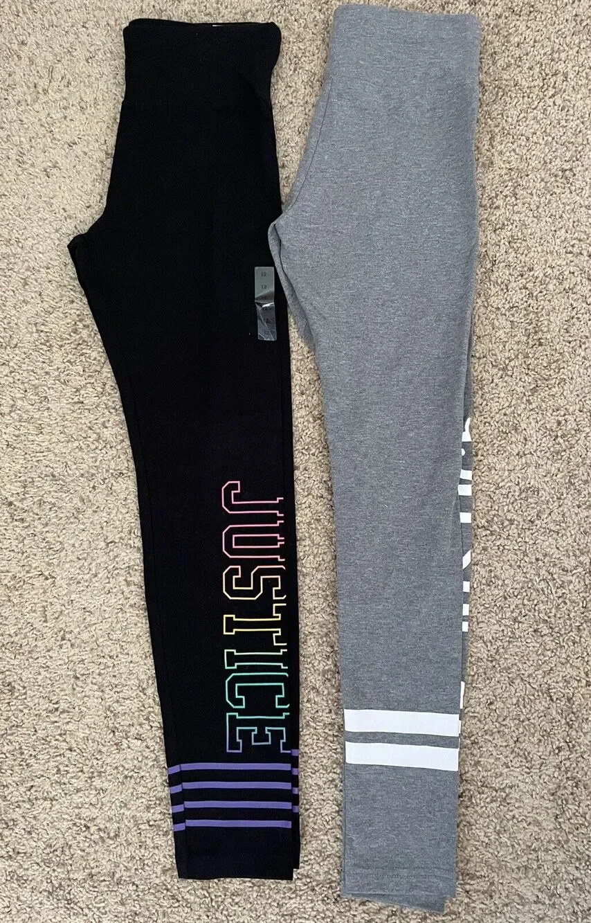 Lot Of 2 Justice Black Gray Striped High Waist Full Length Leggings Size 12